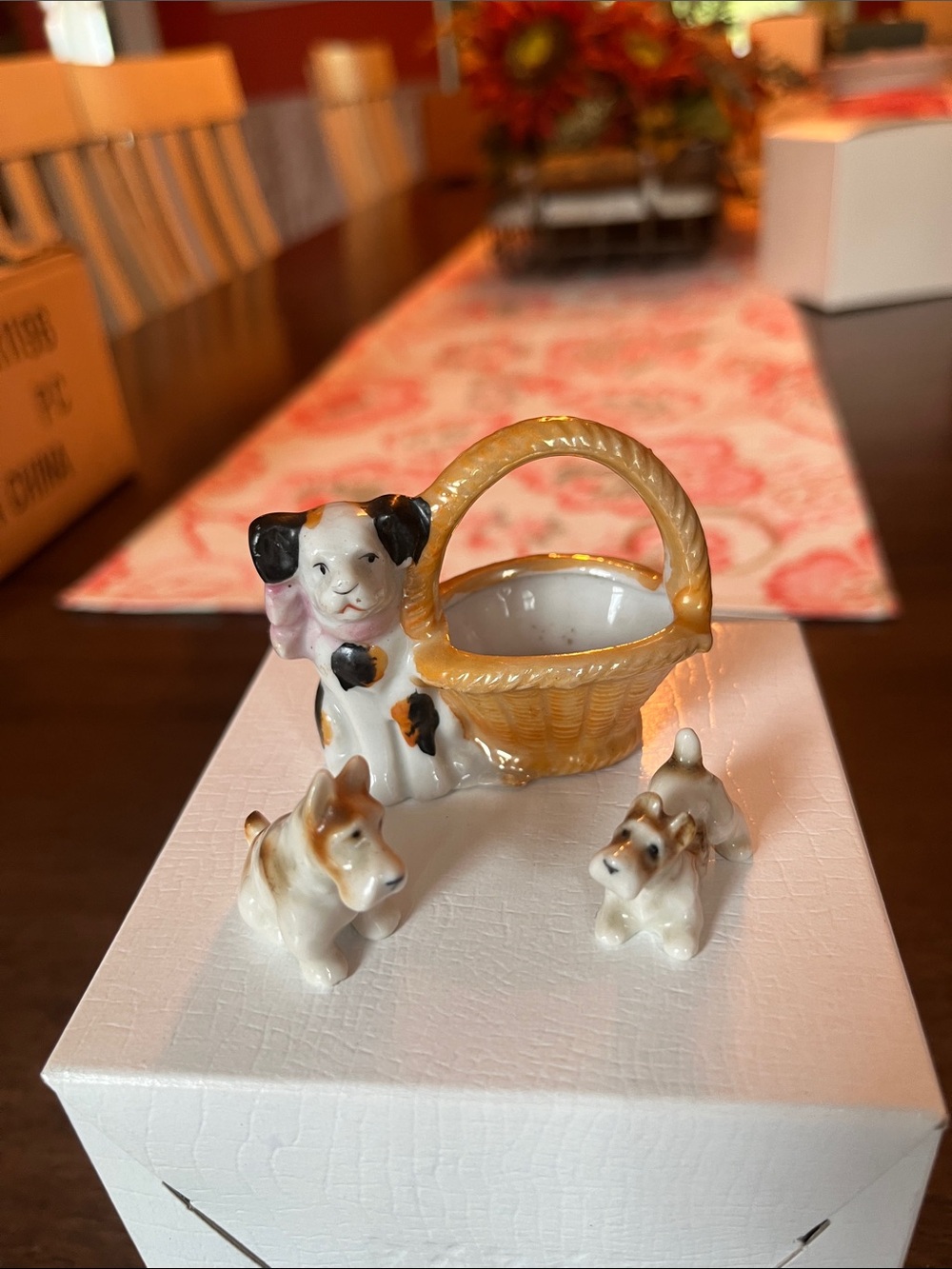 Vintage Ceramic Dog Basket Figurine with White, Gold and Black Accents